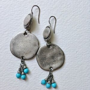earrings grey metal circles blue beads 2.5" hang